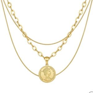 Layered Three Strand Coin Pendant Gold Filled Statement Necklace NWOT
